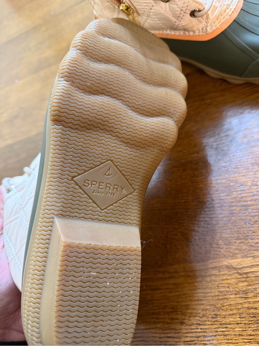 Sperry Olive & Tan Quilted Duck Boots with Coral Accents - Picture 9 of 9